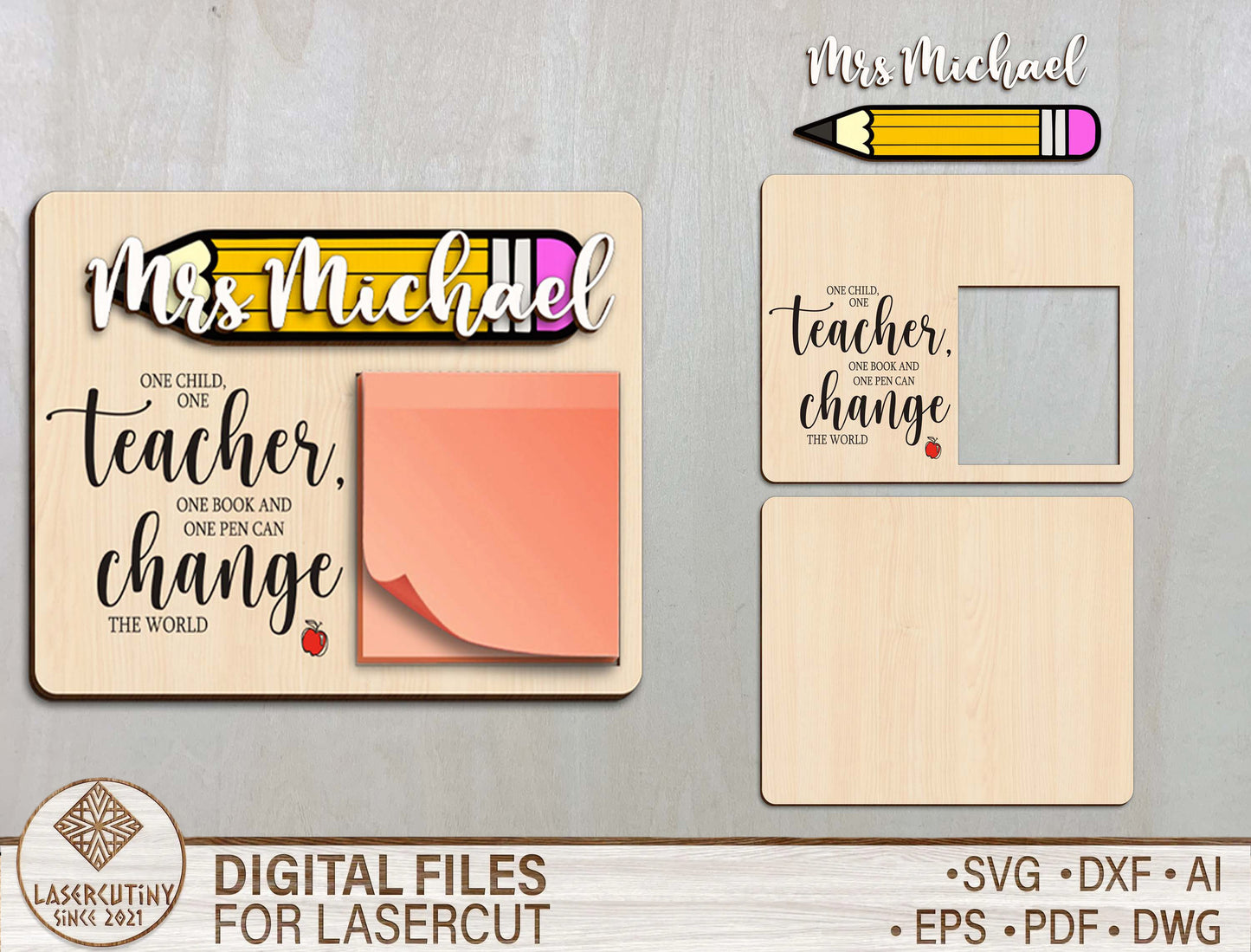 Personalized Teacher Sticky Note Holder SVG Laser Cut File for Glowforge and xTool