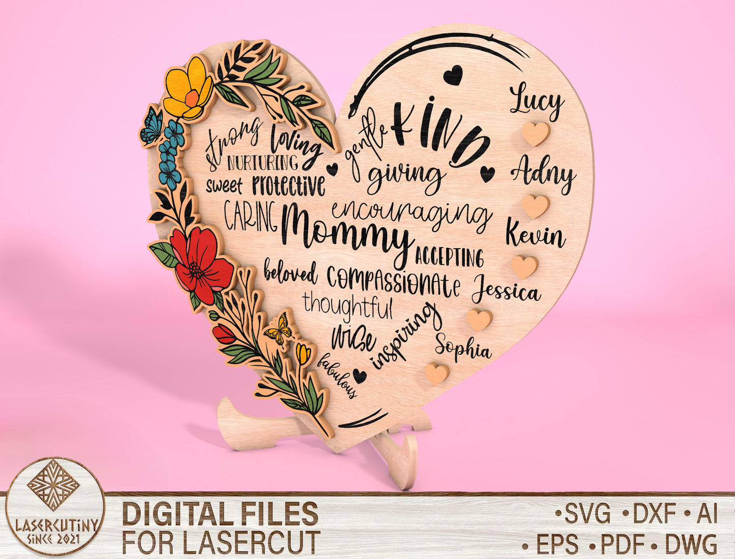 Mom Heart Name Floral Word Art Sign SVG for Glowforge and xTool