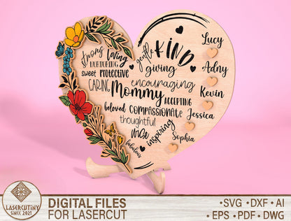 Mom Heart Name Floral Word Art Sign SVG for Glowforge and xTool