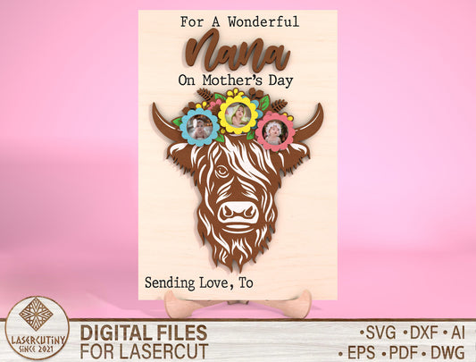 Highland Cow Mom Photo Frame SVG Bundle Laser Cut File for Glowforge and xTool