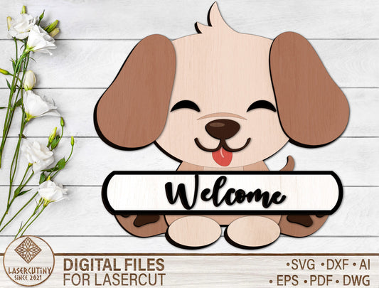 Cute Puppy Welcome Sign SVG Laser Cut File for Glowforge and xTool