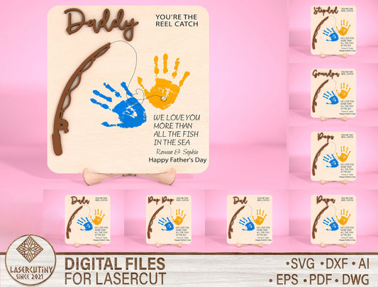 Personalized Fishing Dad Handprint Sign SVG Laser Cut File for Glowforge