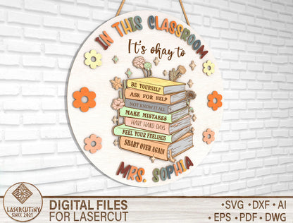 Personalized Book Stack Classroom Door Sign SVG Laser Cut File for Glowforge and xTool