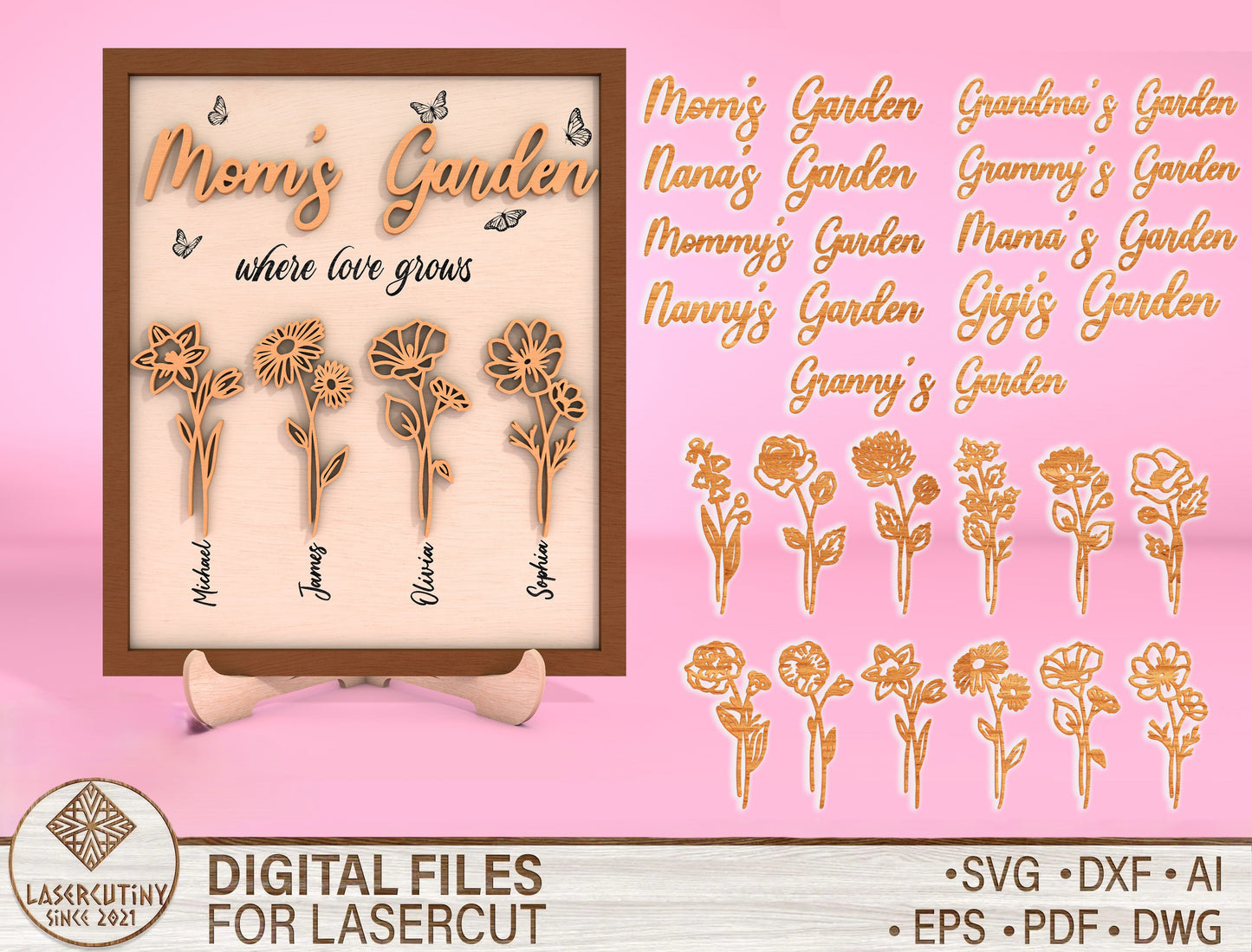 Mom's Garden Personalized Flower Name Sign SVG for LightBurn and xTool
