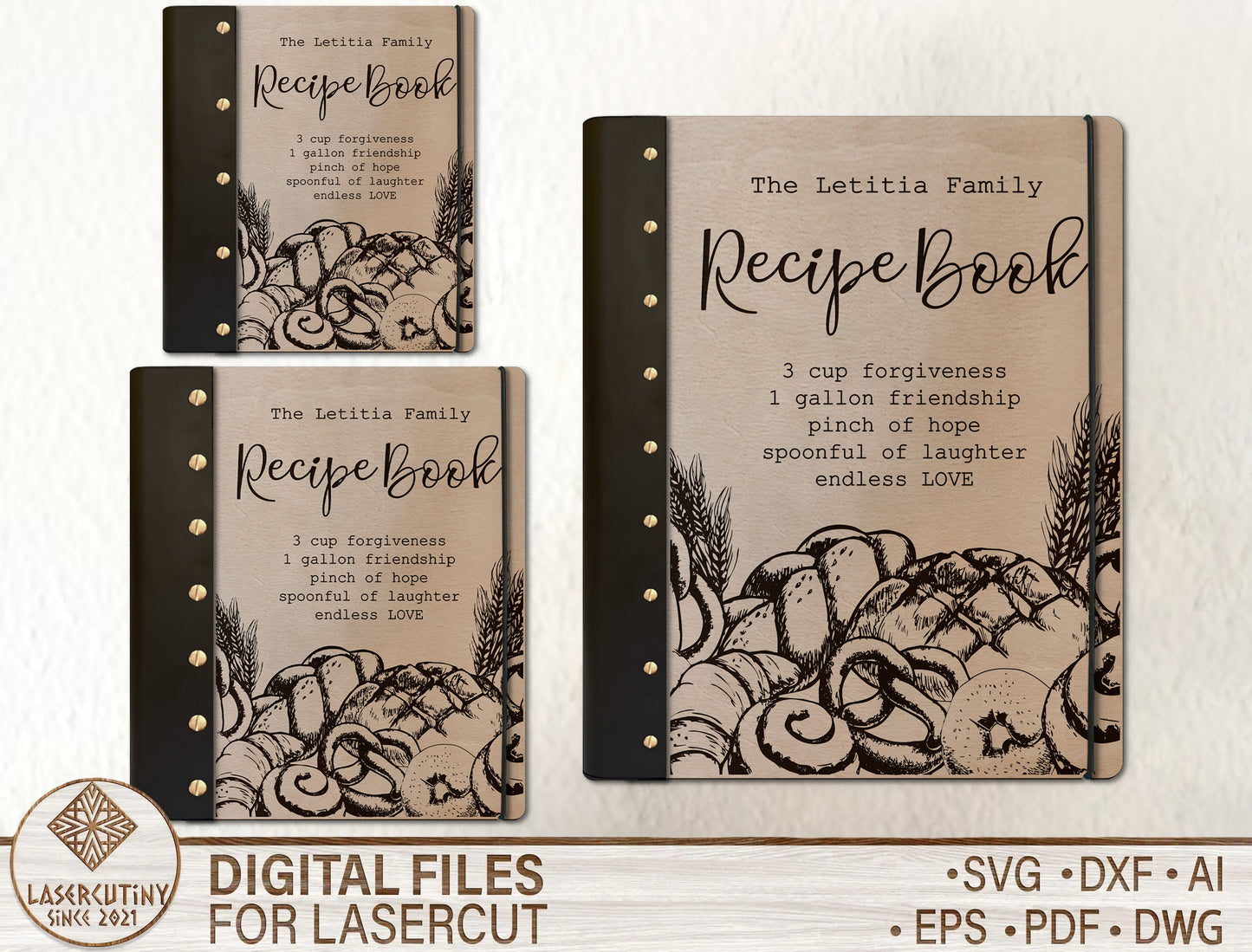 Family Recipe Book SVG Bundle Wooden Cookbook Cover for Glowforge