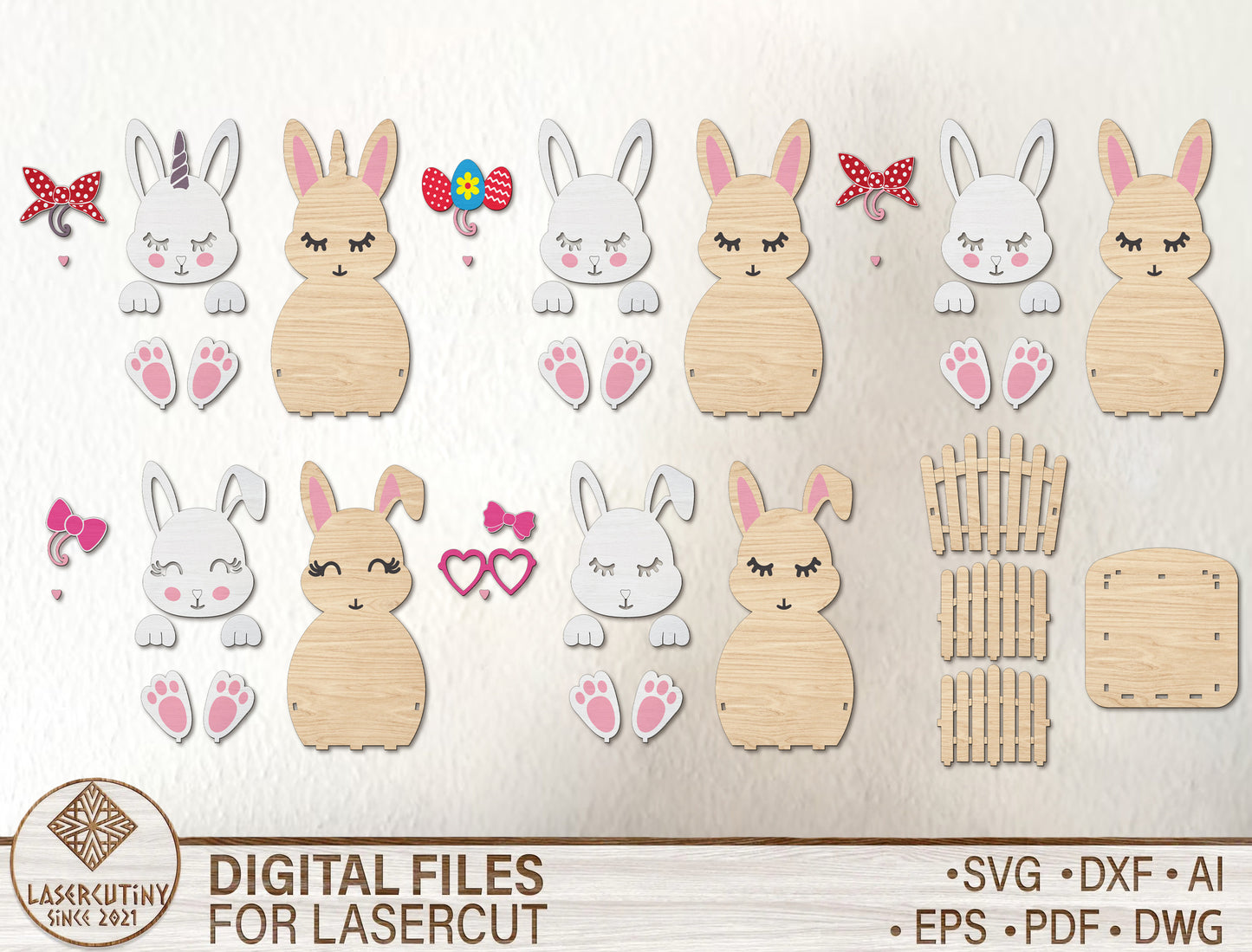 Easter Bunny Basket SVG Cute Wooden Fence 5 Designs for Glowforge and xTool