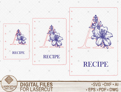 Alphabet Floral Recipe Book SVG Personalized Cookbook for Glowforge