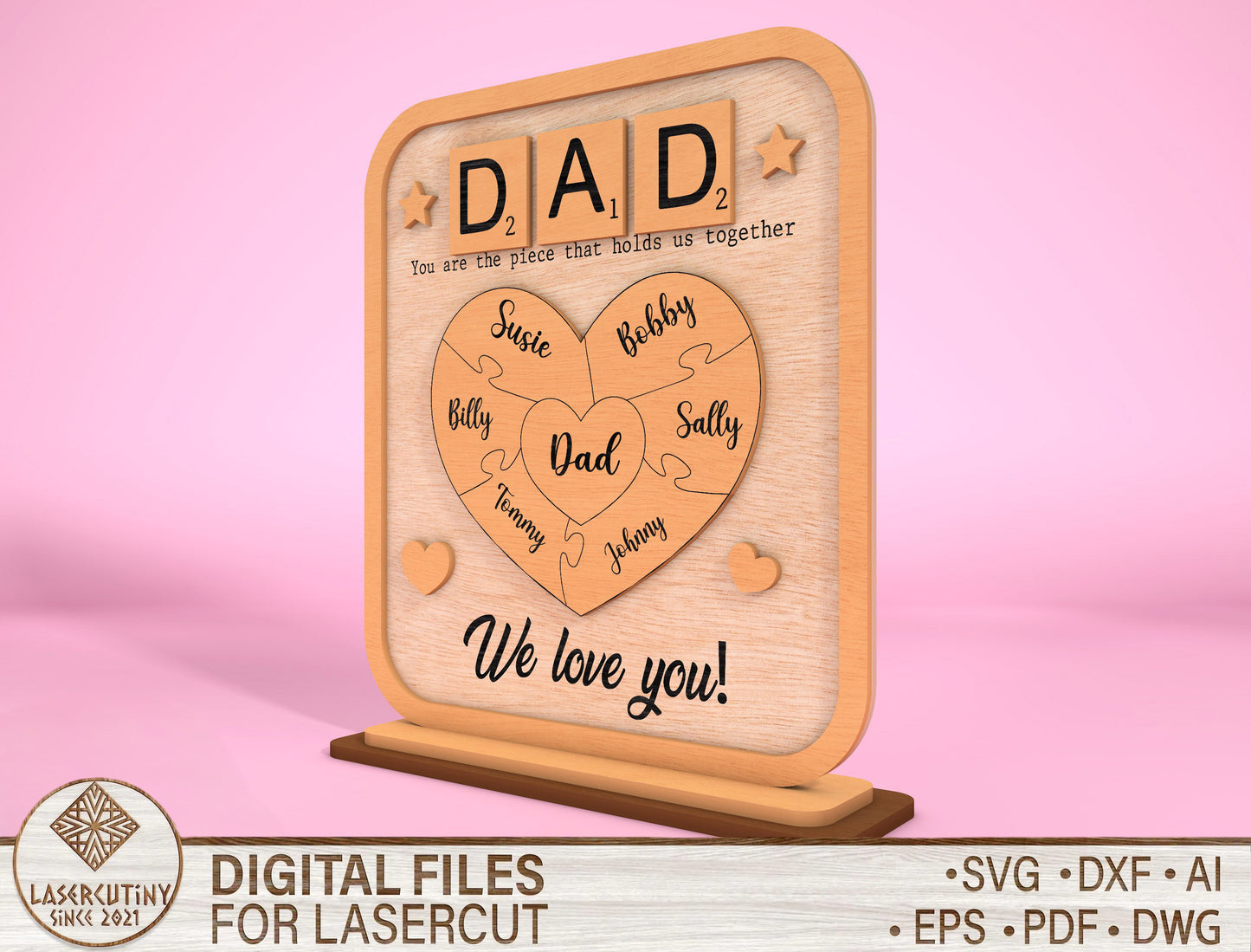 Personalized Dad Puzzle Heart Kids Names SVG for Glowforge and xTool