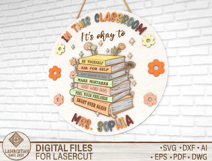 Personalized Book Stack Classroom Door Sign SVG Laser Cut File for Glowforge and xTool
