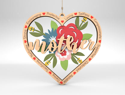 Mom Floral Heart Ornament SVG Flower Mom for Glowforge and xTool