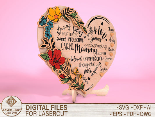 Mom Heart Name Floral Word Art Sign SVG for Glowforge and xTool
