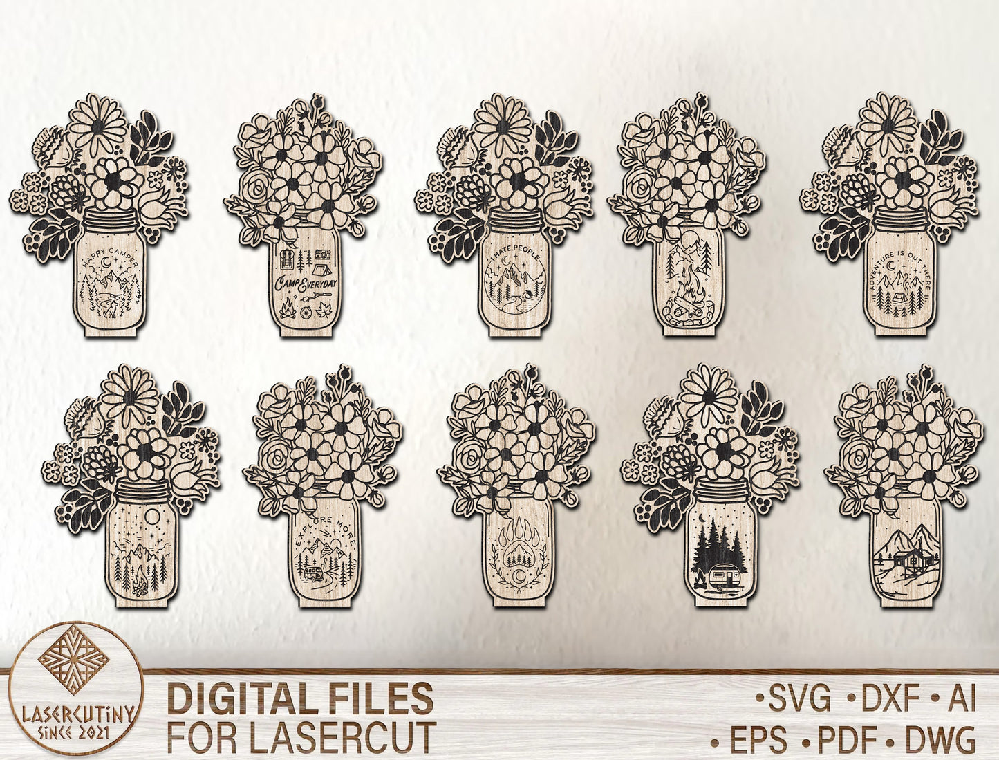 Mason Jar Floral Camping SVG Bundle Engraved Decor for Glowforge