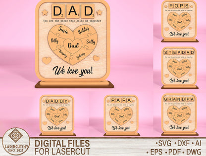 Personalized Dad Puzzle Heart Kids Names SVG for Glowforge and xTool