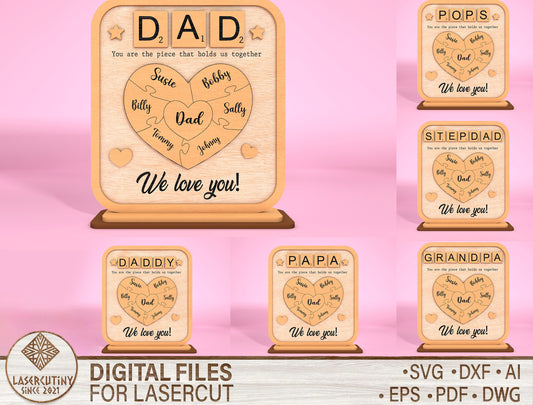 Personalized Dad Puzzle Heart Kids Names SVG for Glowforge and xTool