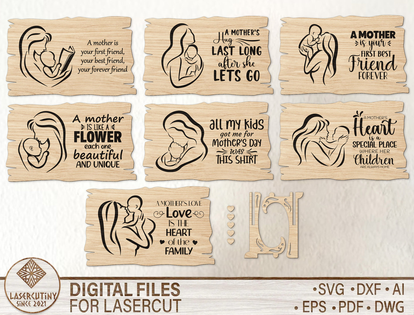 Mother and Child Line Art Wooden Sign SVG Laser Cut File for Glowforge and LightBurn