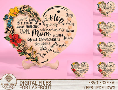 Mom Heart Name Floral Word Art Sign SVG for Glowforge and xTool