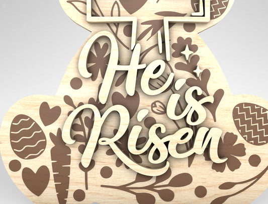 Christian Bunny Tabletop Sign Set – Easter Day He Is Risen Decor – Laser Cut File – 3 Designs