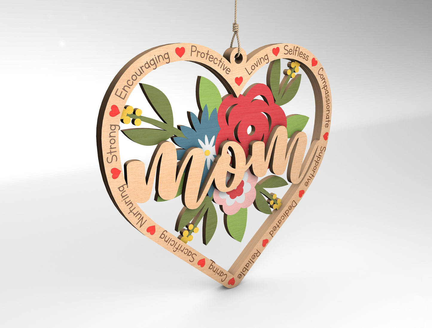 Mom Floral Heart Ornament SVG Flower Mom for Glowforge and xTool