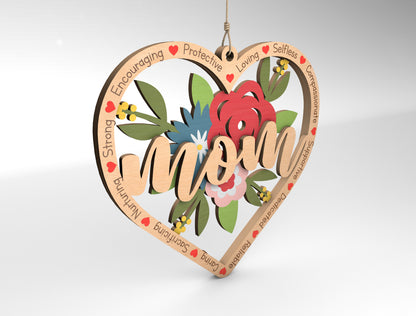 Mom Floral Heart Ornament SVG Flower Mom for Glowforge and xTool