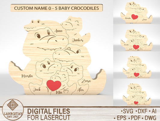Personalized Family Crocodile Puzzle SVG Laser Cut File for Glowforge and LightBurn