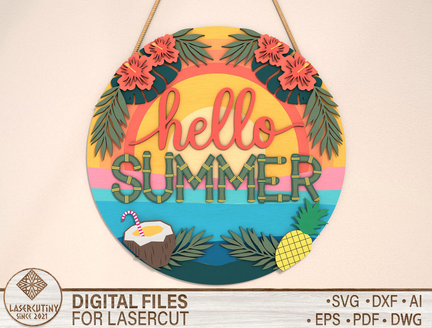 “Hello Summer” Tropical Door Sign SVG for Glowforge and xTool