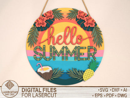 “Hello Summer” Tropical Door Sign SVG for Glowforge and xTool