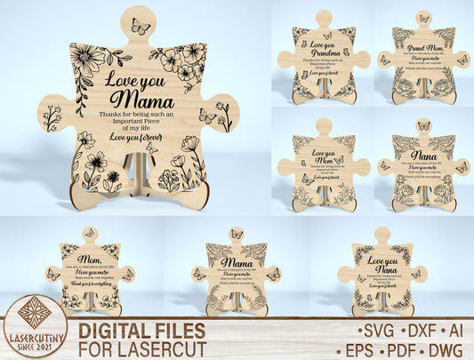 Mom Puzzle Piece Sign SVG Bundle 8 Designs for Glowforge and xTool