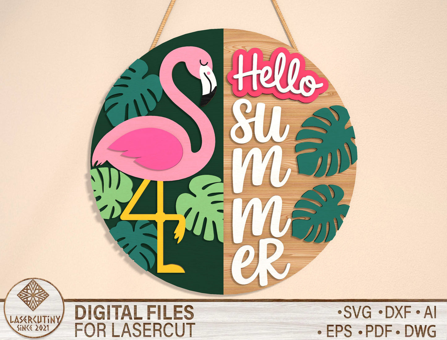“Hello Summer” Flamingo Door Sign SVG for Glowforge and xTool