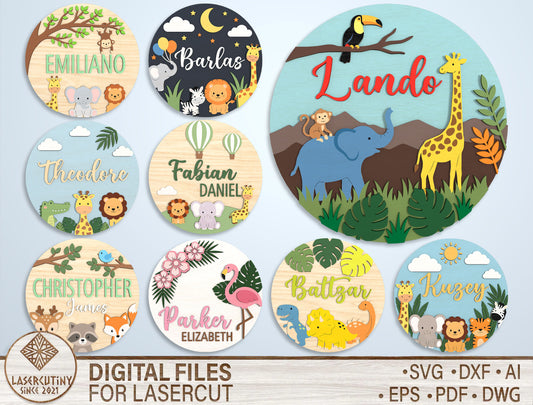Personalized Safari Baby Name Sign SVG Bundle for Glowforge and xTool
