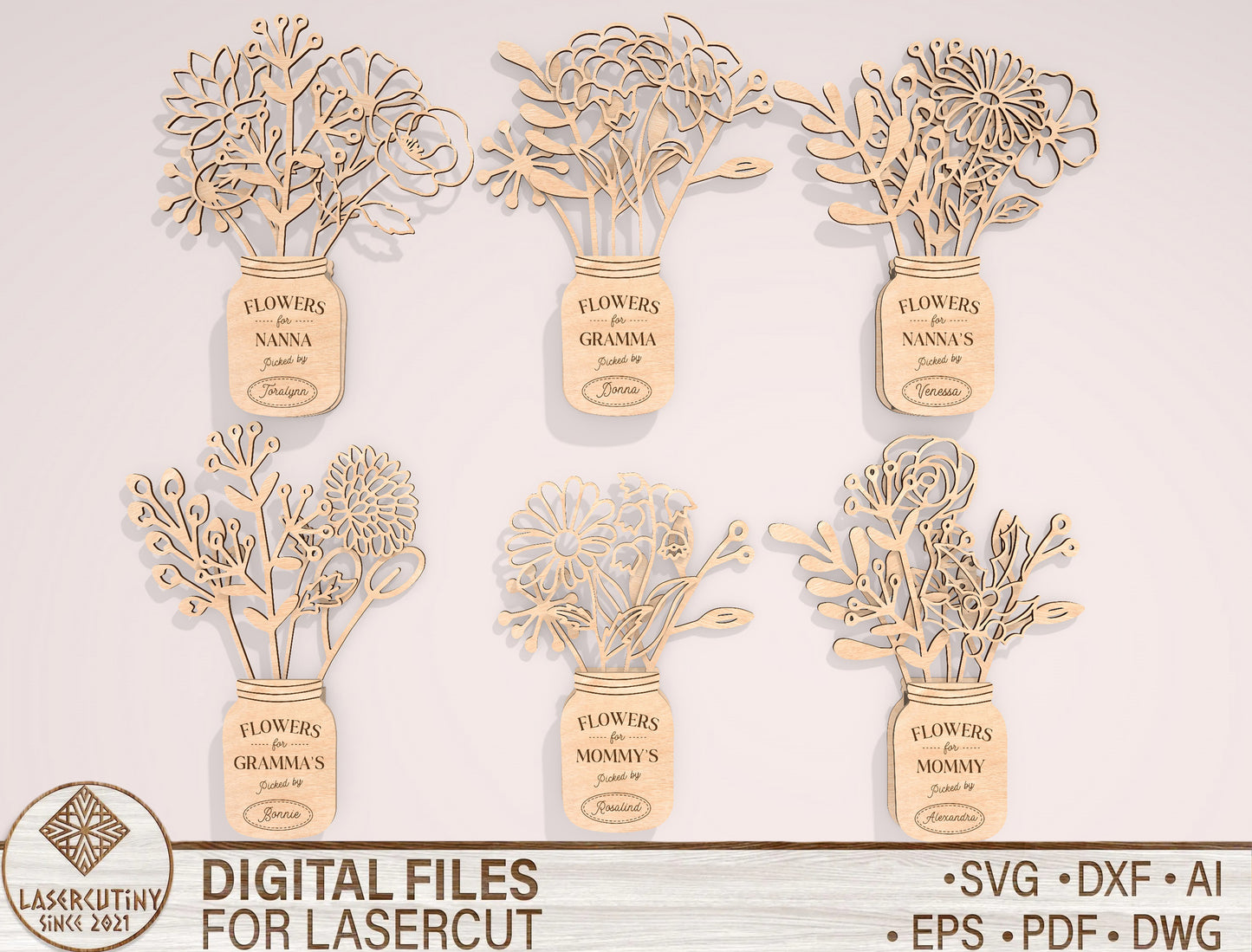 Mother’s Day Flower Jar SVG Bundle for Glowforge Laser Cut