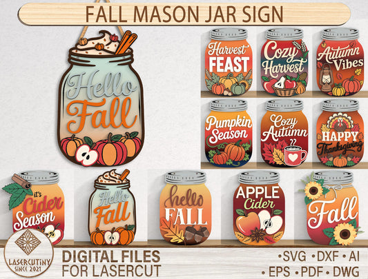 Fall Mason Jar Sign SVG Bundle for Glowforge xTool LightBurn | 12 Designs