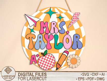 Personalized Retro Bubble Classroom Sign SVG Laser Cut File for Glowforge and xTool