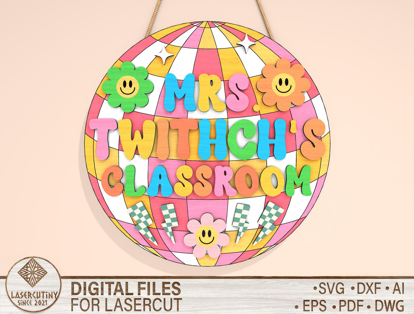 Personalized Disco Ball Classroom Door Sign SVG Laser Cut File for Glowforge and xTool