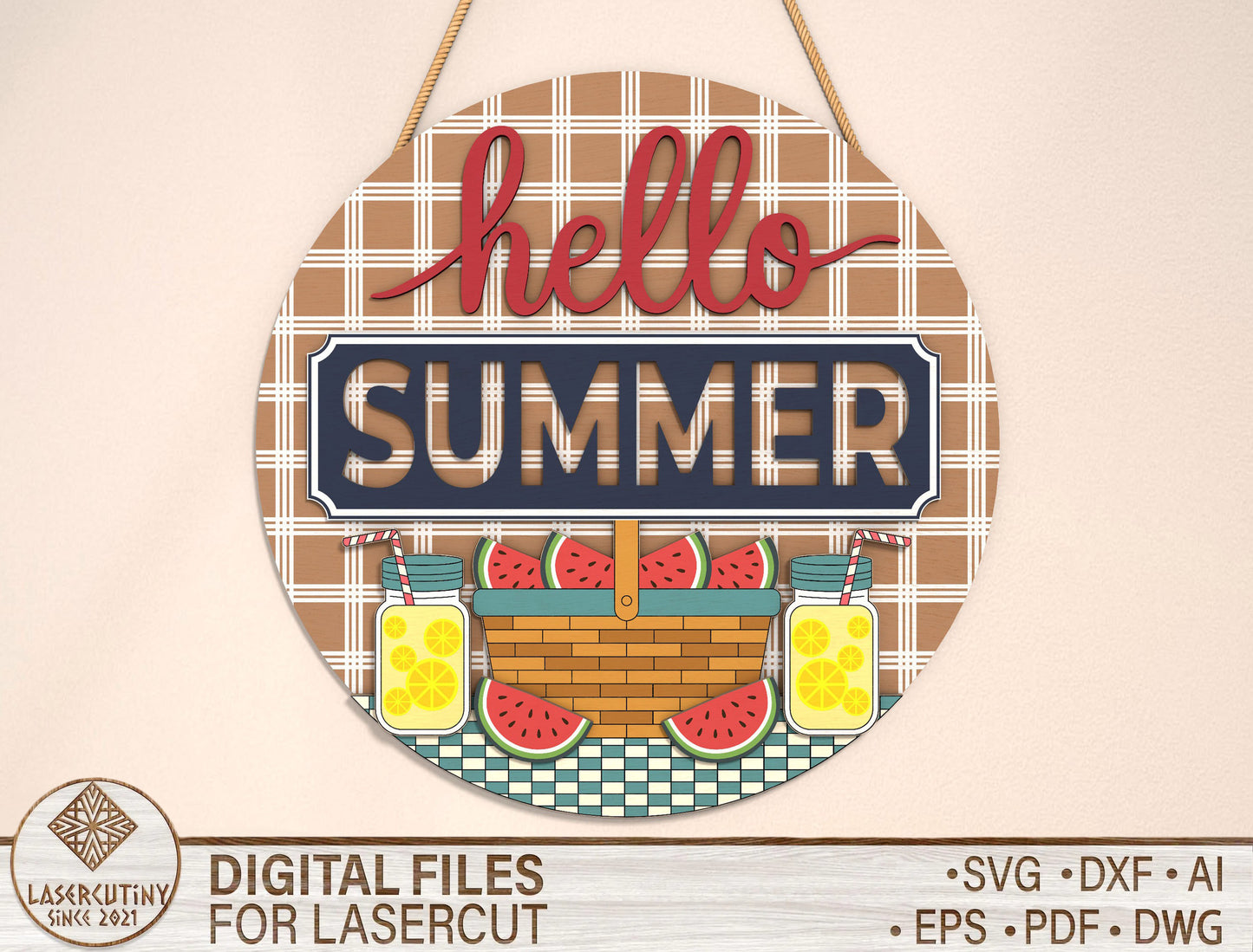 “Hello Summer” Picnic Watermelon SVG Door Sign for Glowforge