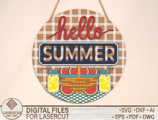 “Hello Summer” Picnic Watermelon SVG Door Sign for Glowforge