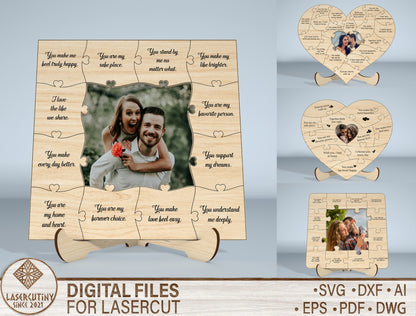 Personalized Couple Puzzle Photo Frame SVG Bundle Laser Cut File for Glowforge and xTool
