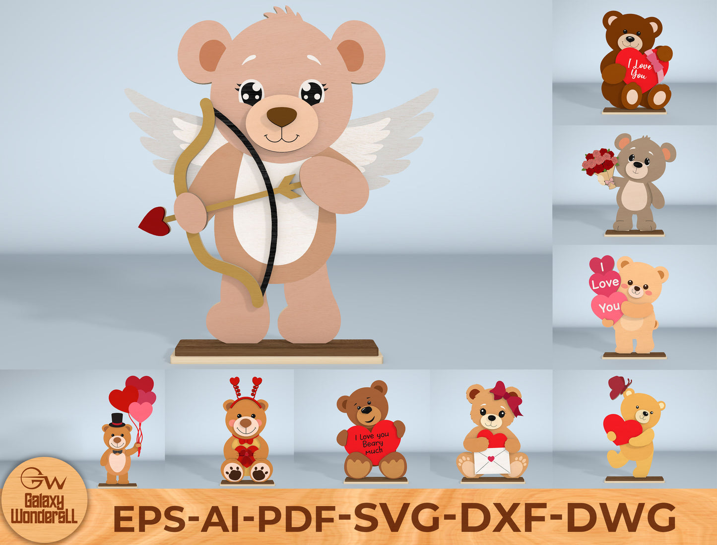 Cute Valentine Bear Laser Cut File Bundle | Teddy Bear Love Decor | Kids & Romantic Style | Glowforge, xTool, LightBurn, etc.