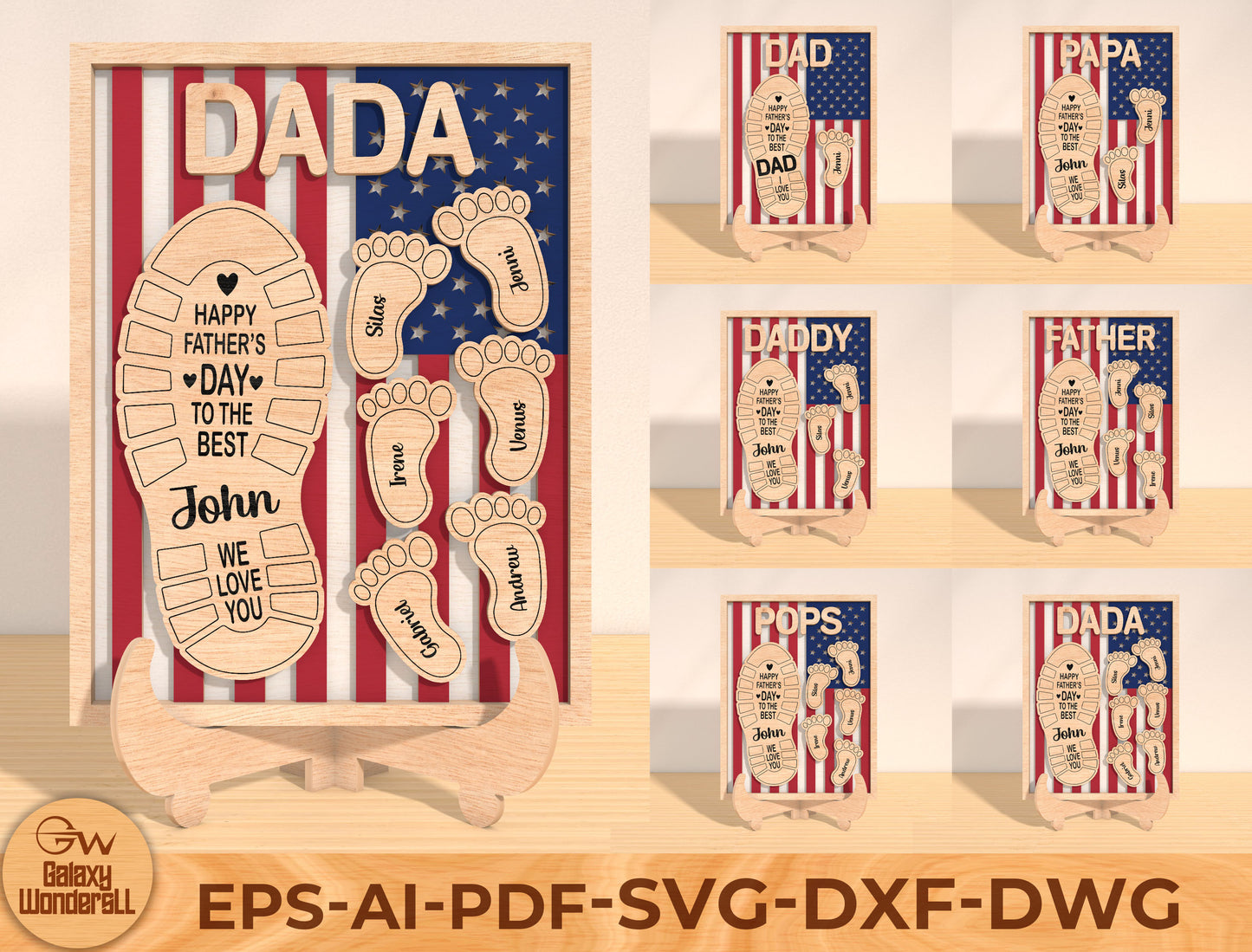Father’s Day Footprint Stand Laser Cut File | Dad Family Footprints Sign | Patriotic Wooden Decor | Glowforge, xTool, LightBurn, etc.