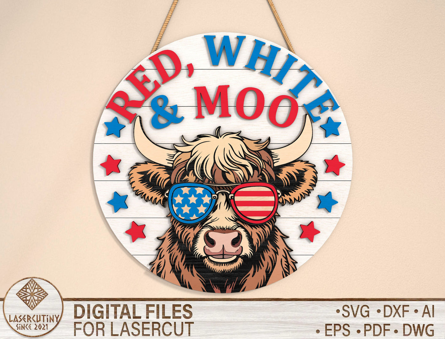 Red White and Moo Highland Cow SVG Laser Cut File for Glowforge