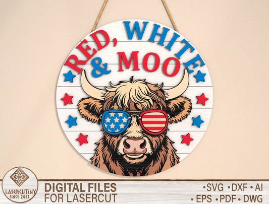 Red White and Moo Highland Cow SVG Laser Cut File for Glowforge
