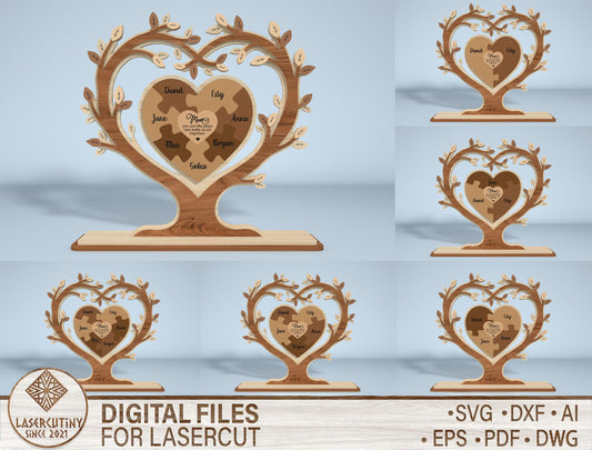 Heart Tree Stand Sign SVG Engraved Family Names for Glowforge