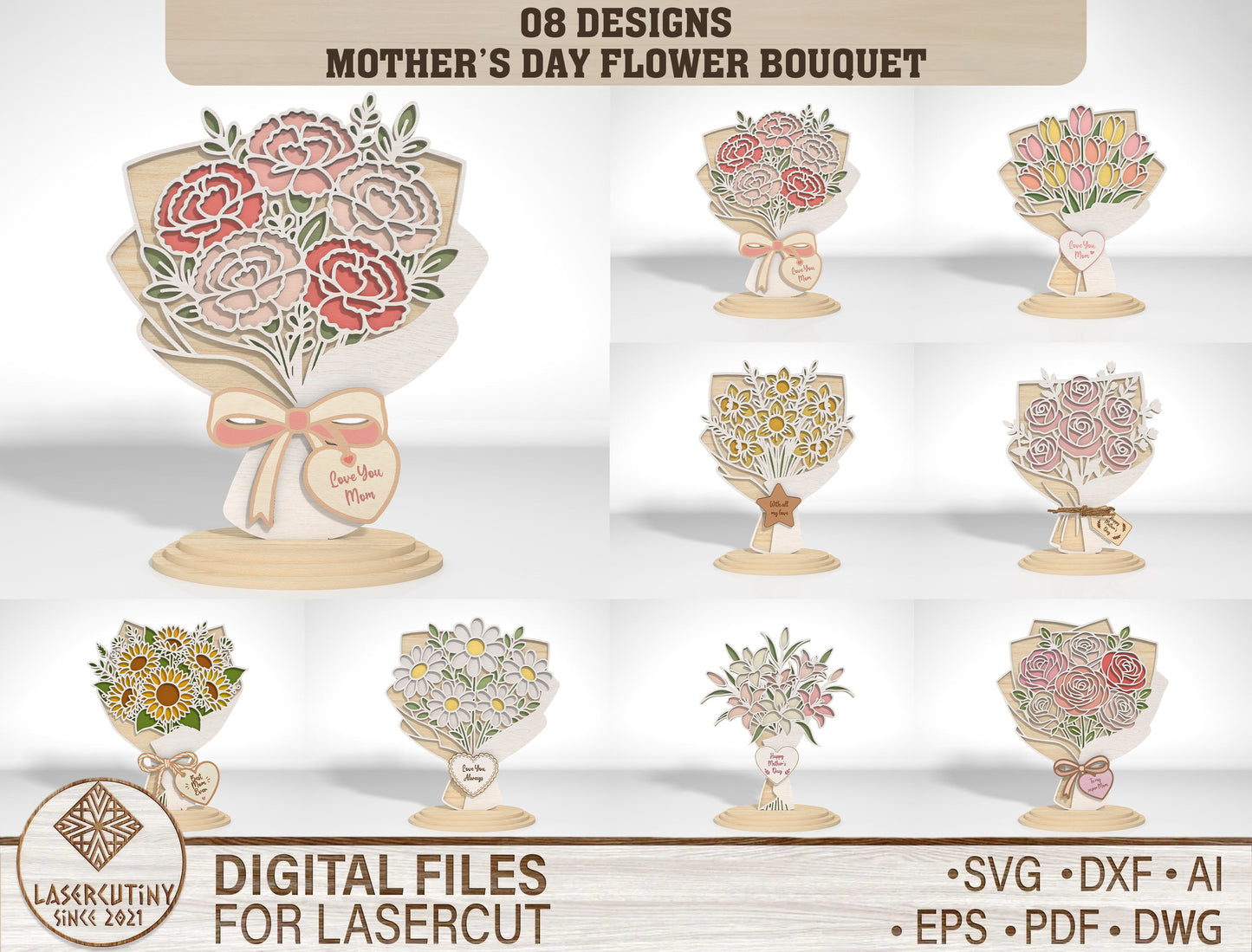 Flower Bouquet Stand SVG Bundle Layered Floral for Glowforge