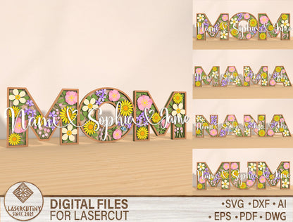 Personalized MOM Floral Name Layered Sign SVG for xTool and LightBurn