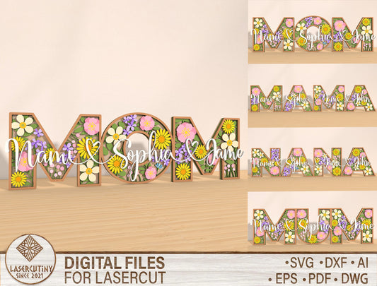 Personalized MOM Floral Name Layered Sign SVG for xTool and LightBurn