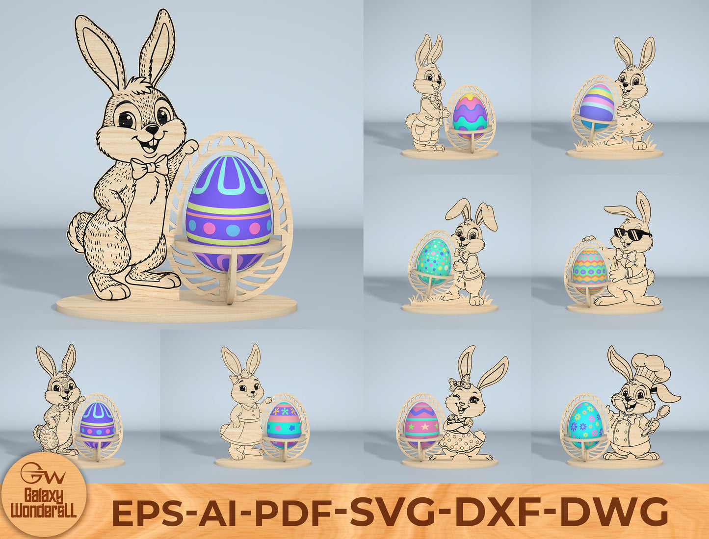 Easter Bunny Egg Spinner SVG Bundle Laser Cut File | 9 Bunny Egg Designs | Spring Tabletop Decor | Glowforge, xTool, LightBurn, etc.
