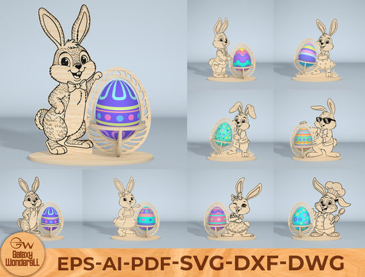 Easter Bunny Egg Spinner SVG Bundle Laser Cut File | 9 Bunny Egg Designs | Spring Tabletop Decor | Glowforge, xTool, LightBurn, etc.