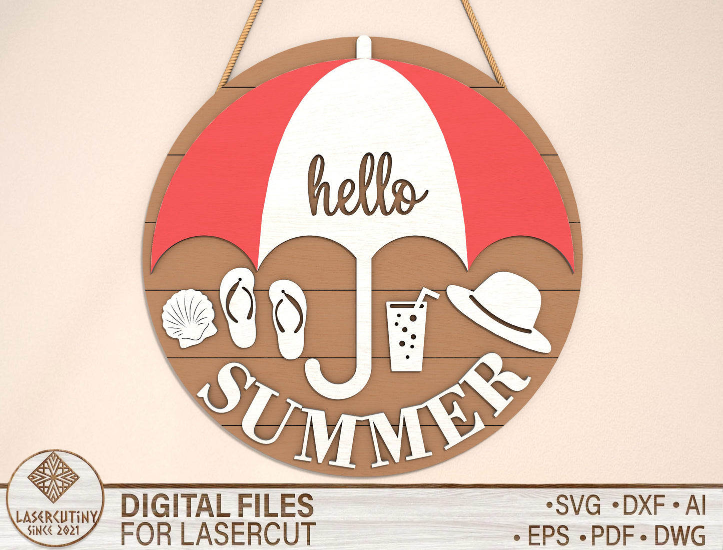 Hello Summer Beach Umbrella Sign SVG Laser Cut File for xTool and Glowforge