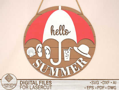 Hello Summer Beach Umbrella Sign SVG Laser Cut File for xTool and Glowforge