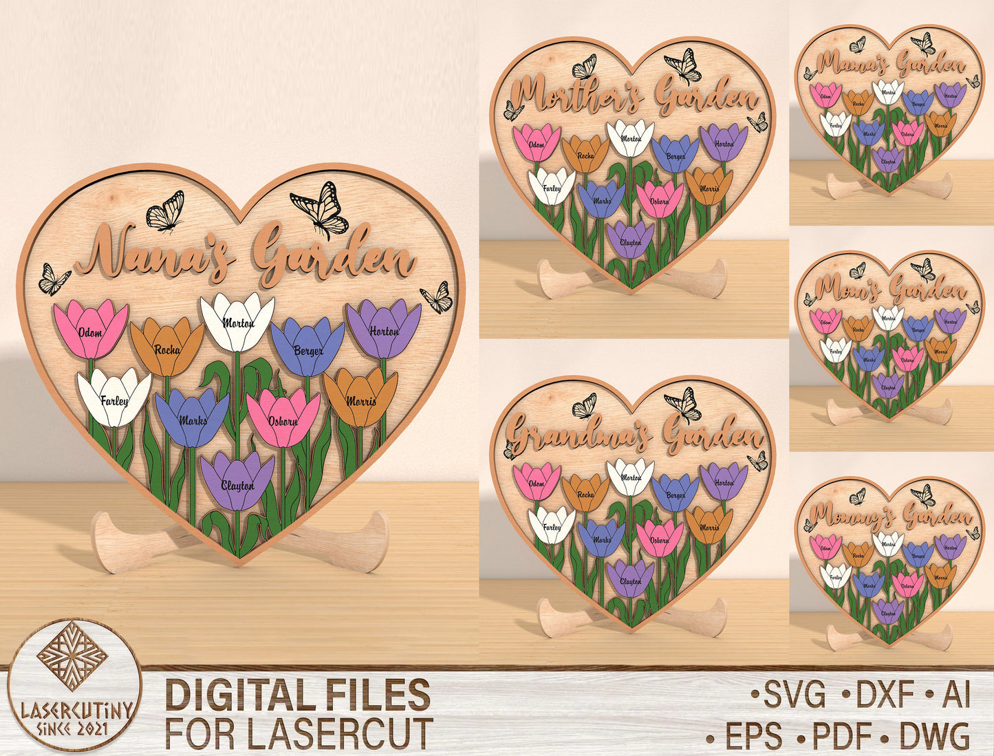 Personalized Flower Heart Family Name Sign SVG for Glowforge and xTool