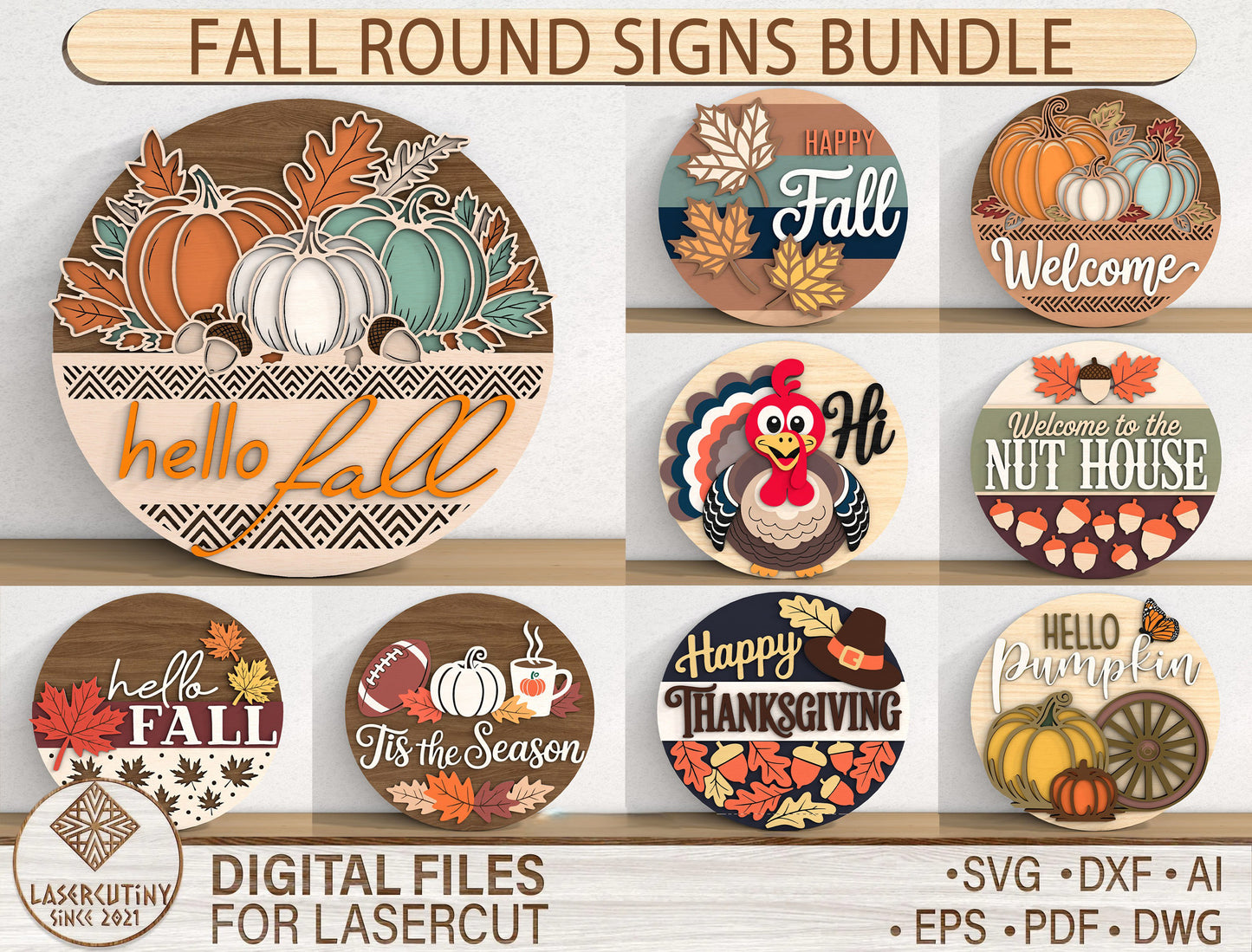 Fall Round Signs SVG Bundle for Glowforge xTool LightBurn 9 Designs